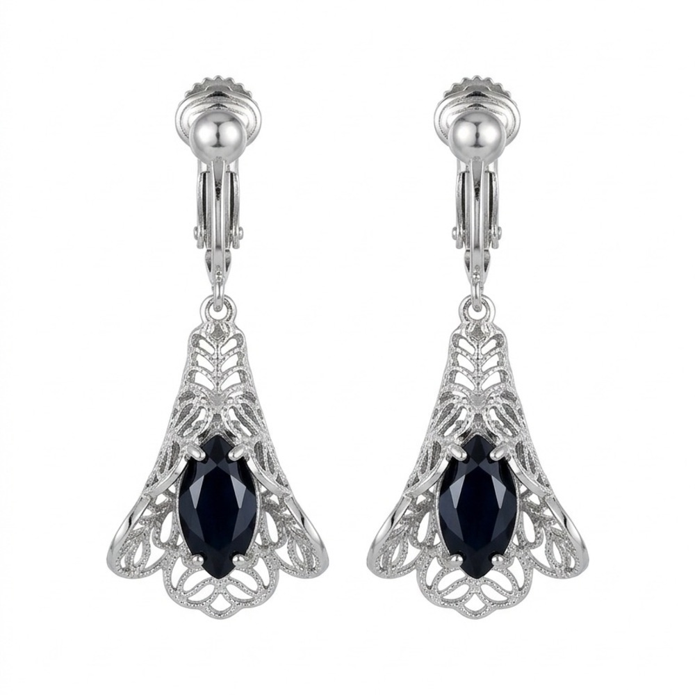 Signed Sarah Coventry Black Onyx Filigree Dangle Vintage Clip-On Earrings